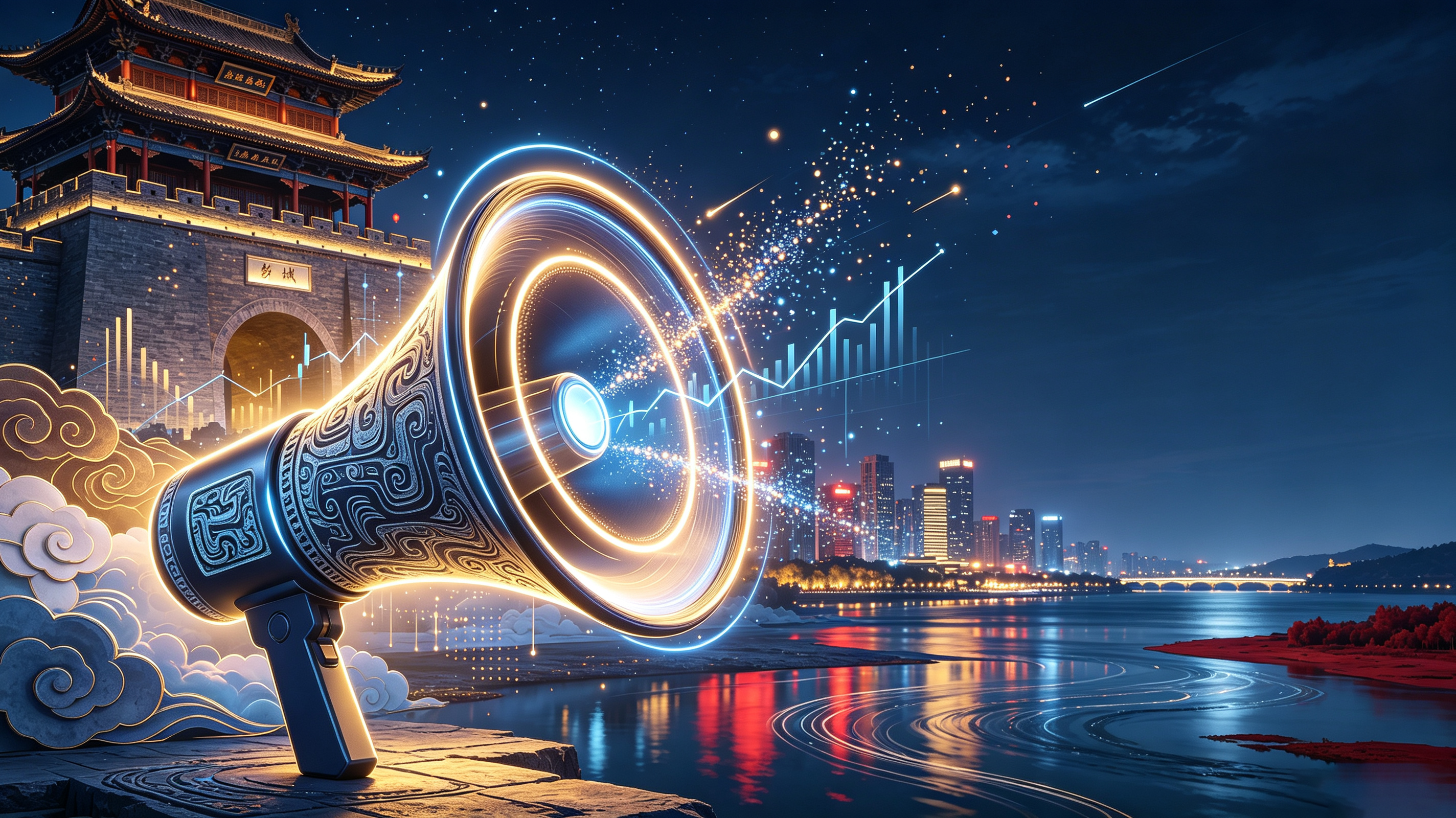 扩音器、目标靶心与增长图表营销场景